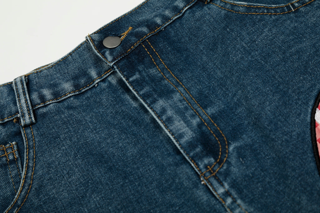 DONOTLOGO ：Urban Streetwear Collection | Unisex Relaxed Silhouette Jeans | Bold Plaid & Number Motif & Soft Denim Fabric