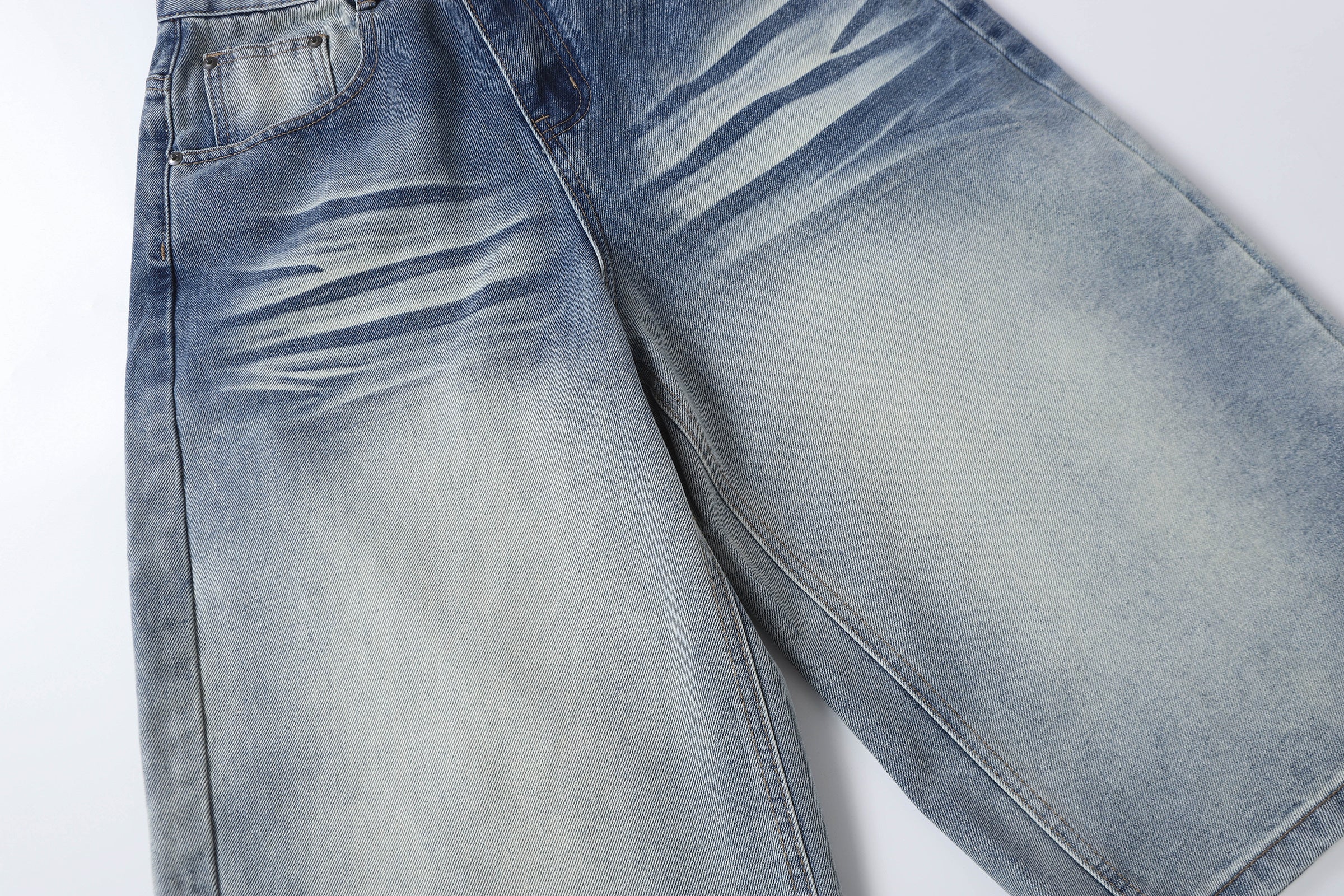 DONOTLOGO Retro Blue Baggy Denim Shorts | Unisex Y2K Wide Leg Trousers with Natural Whiskering & Fade | High Street Relaxed Fit Bottoms