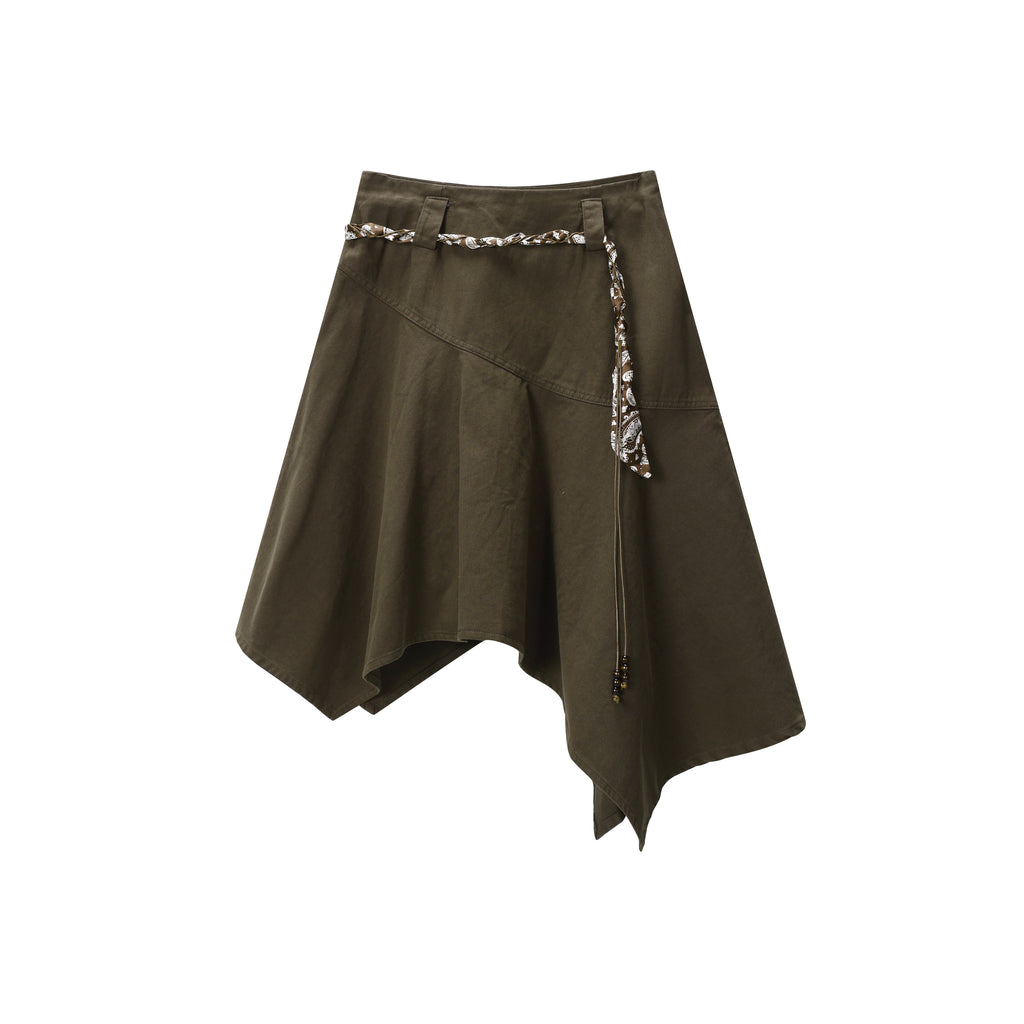 DONOTLOGO Asymmetrical Olive Skirt | 3D Print Ribbon Detail | Festival & Street Style Summer Must-Have