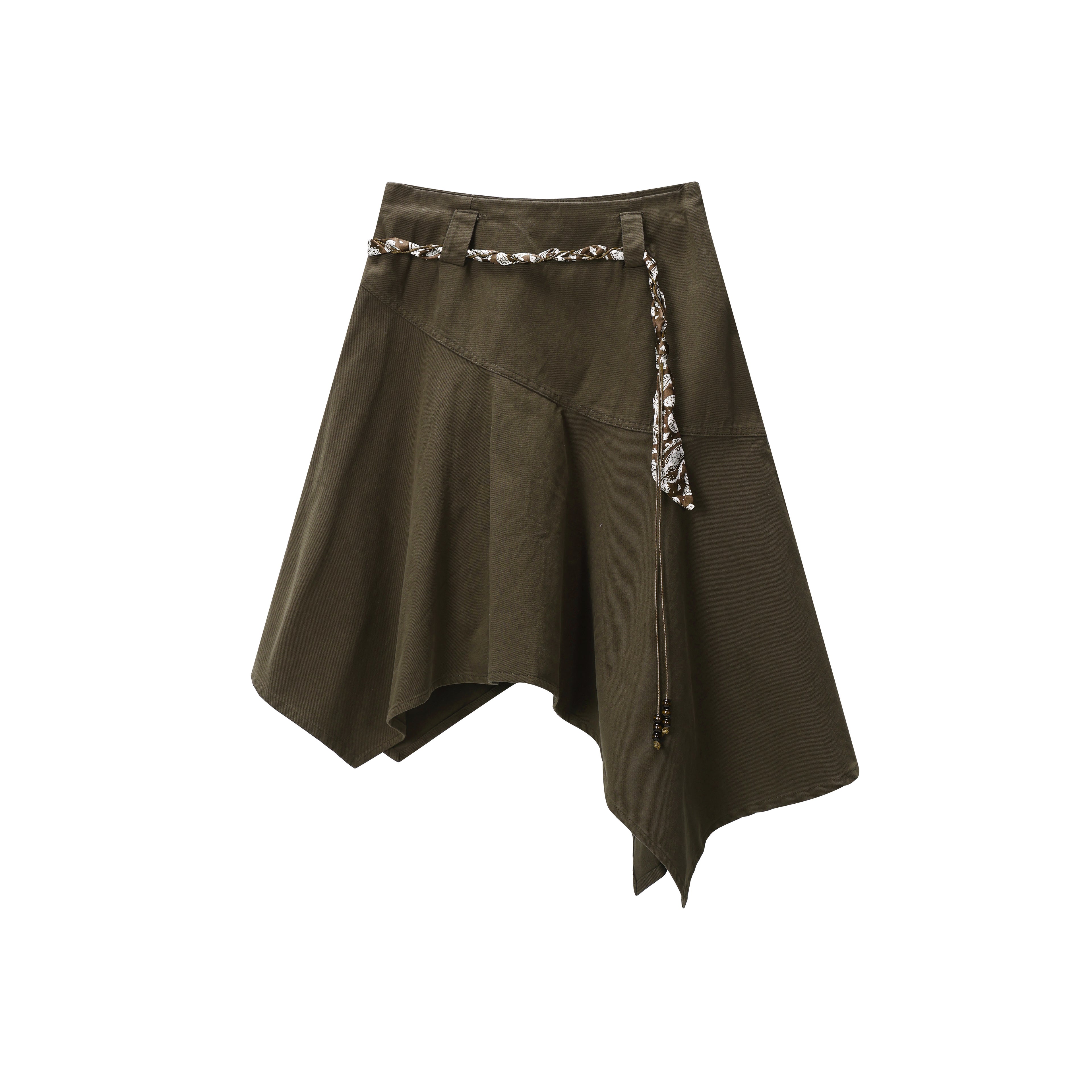 DONOTLOGO Asymmetrical Olive Skirt | 3D Print Ribbon Detail | Festival & Street Style Summer Must-Have