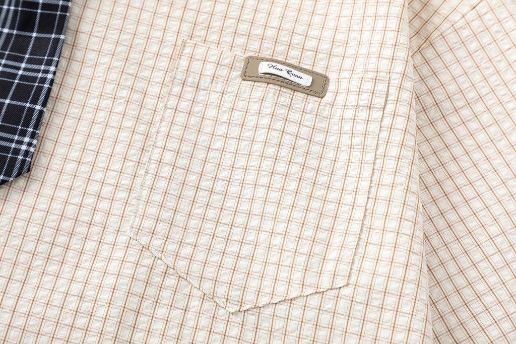 DONOTLOGO Unisex Plaid Shirt with Denim Collar | Colorblock Design, Loose Fit | Japanese Preppy Summer Essential