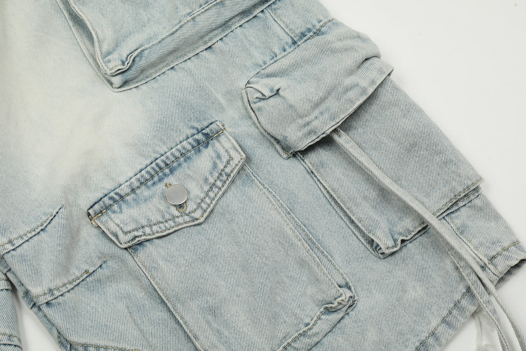 Unisex Vintage Washed Multi-Pocket Denim Cargo Pants