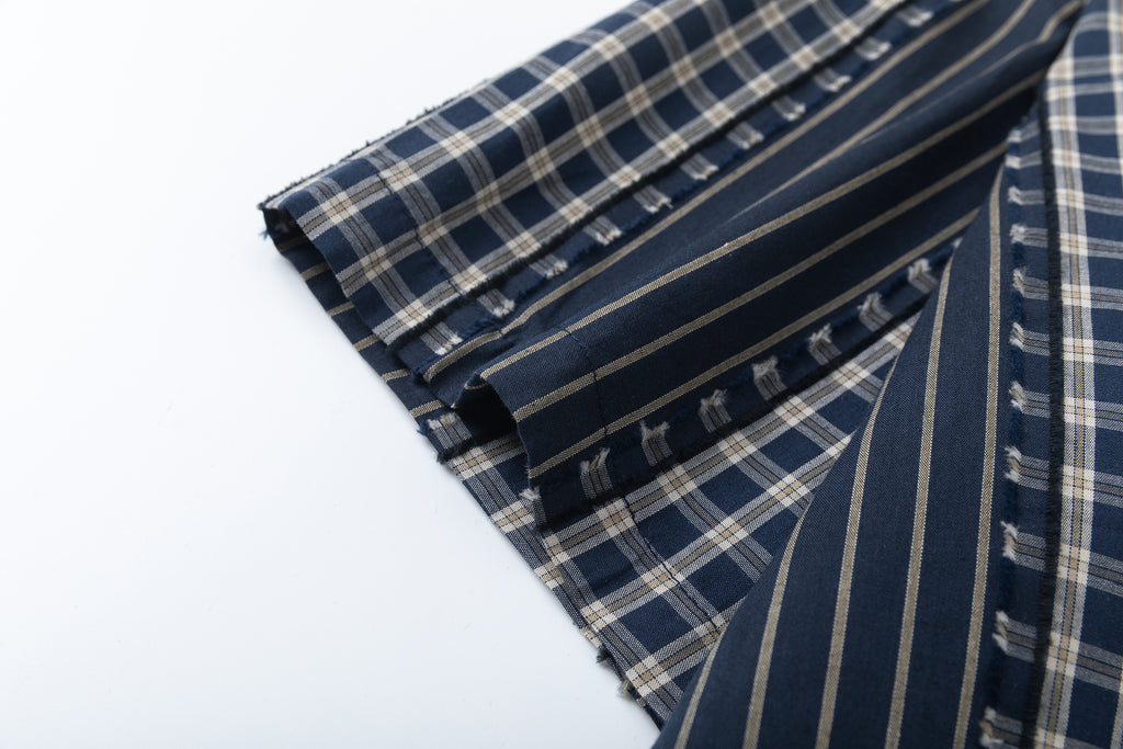 DONOTLOGO Unisex Japanese Retro Patchwork Shirt | Dark Blue Stripes & Plaid | Loose Fit Summer Must-Have