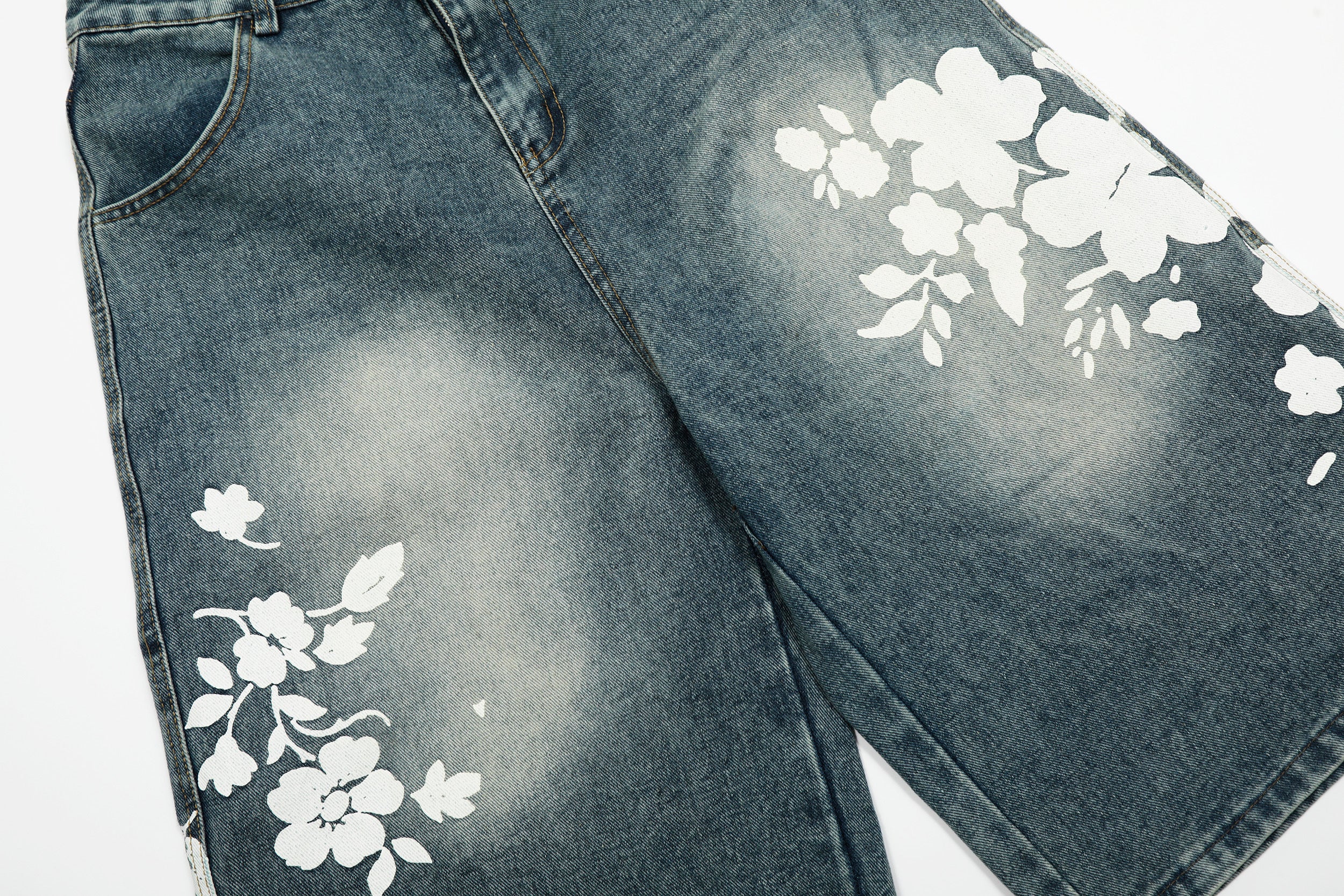 Unisex Floral Print Design Denim Jeans