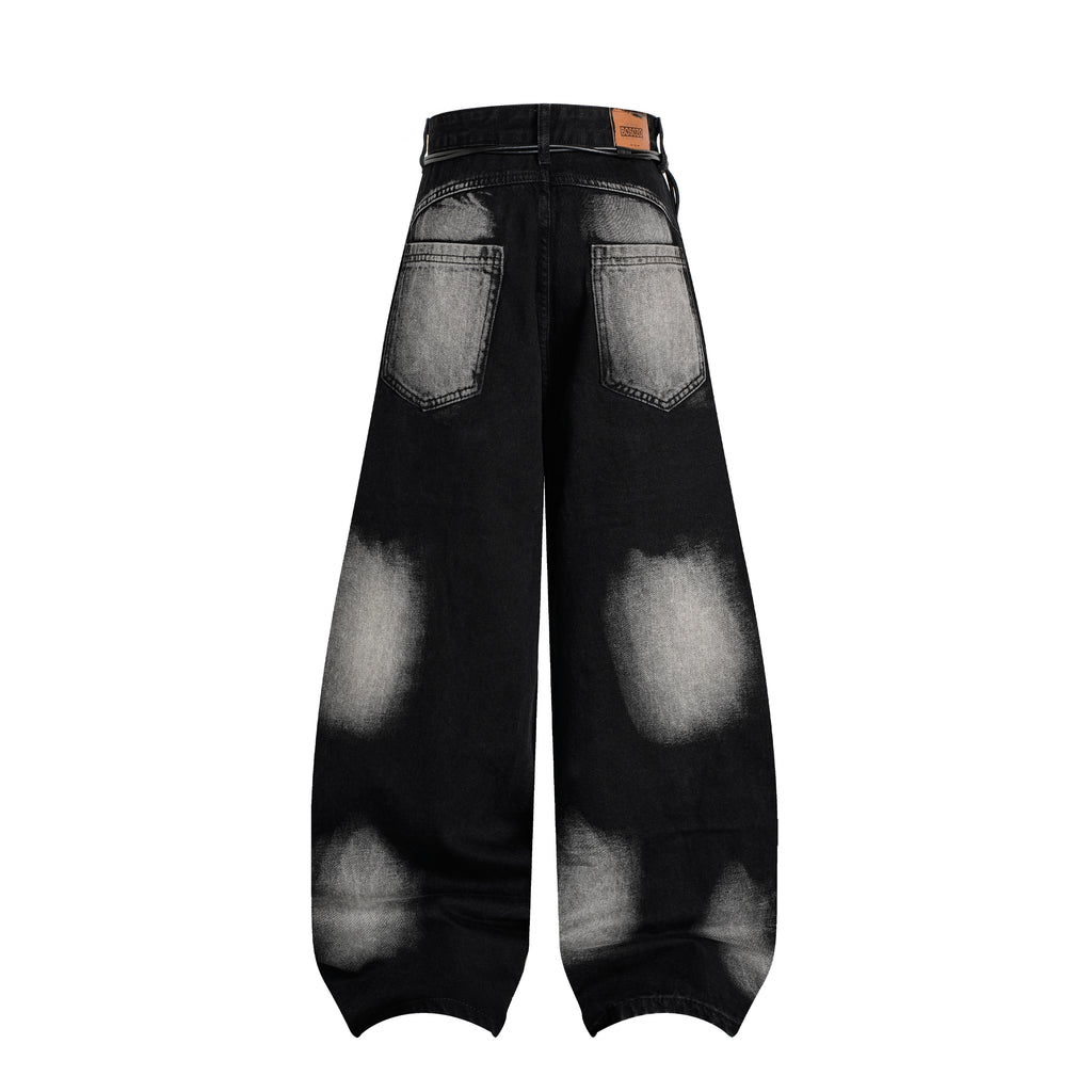DONOTLOGO "Arc Seam" Distressed Denim - American High Street Baggy Jeans with Contrast Wash & Bandana Belt - Oversized Wide Leg Trousers
