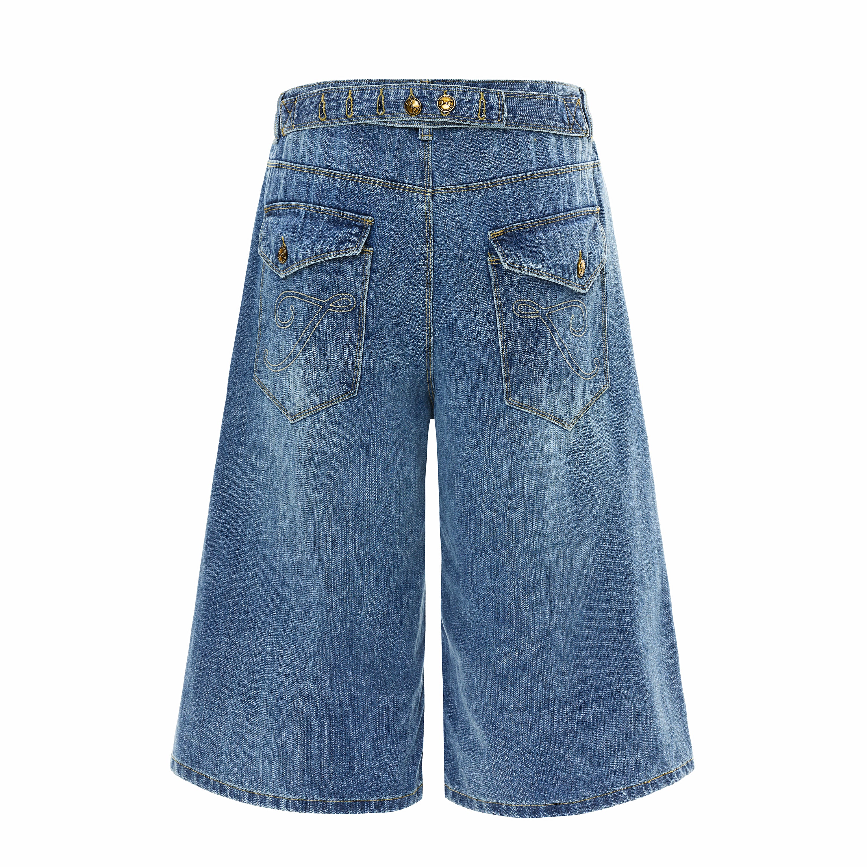 DONOTLOGO Oversized Vintage Denim Culottes - Unisex Baggy Jorts with Embroidered Flap Pockets - Edgy Streetwear Bottom with Wide Leg Silhouette & Contrast Stitching