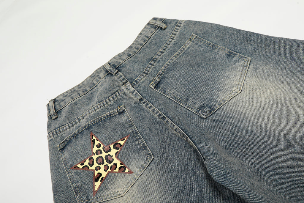 DONOTLOGO Urban Streetwear Collection | Unisex Relaxed Silhouette Jeans | Bold Leopard Star Motif & Soft Denim Fabric