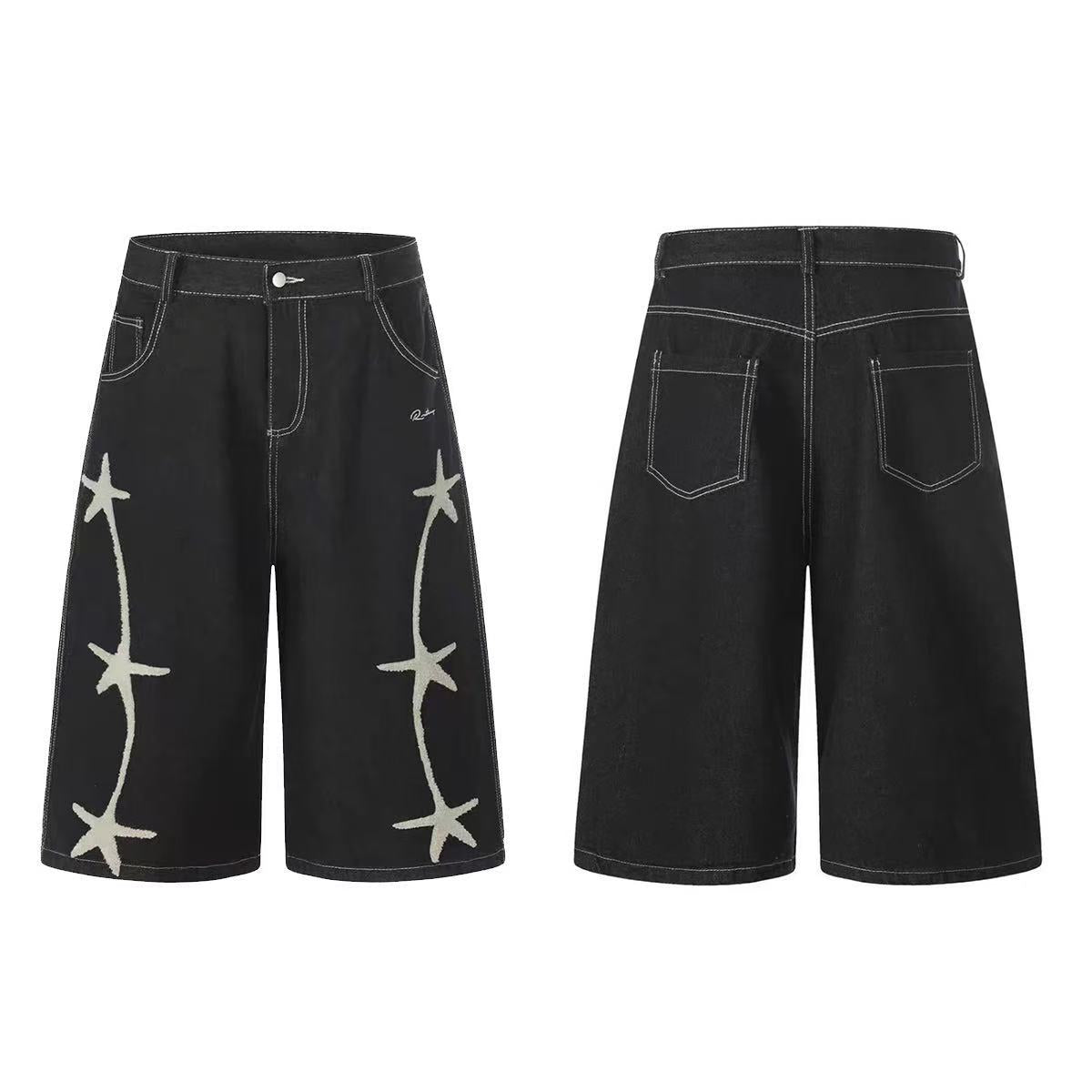 DONOTLOGO Heavy Star Embroidered Black Denim | Unisex Y2K Oversized 3/4 Trousers | Vintage High Street Baggy Shorts