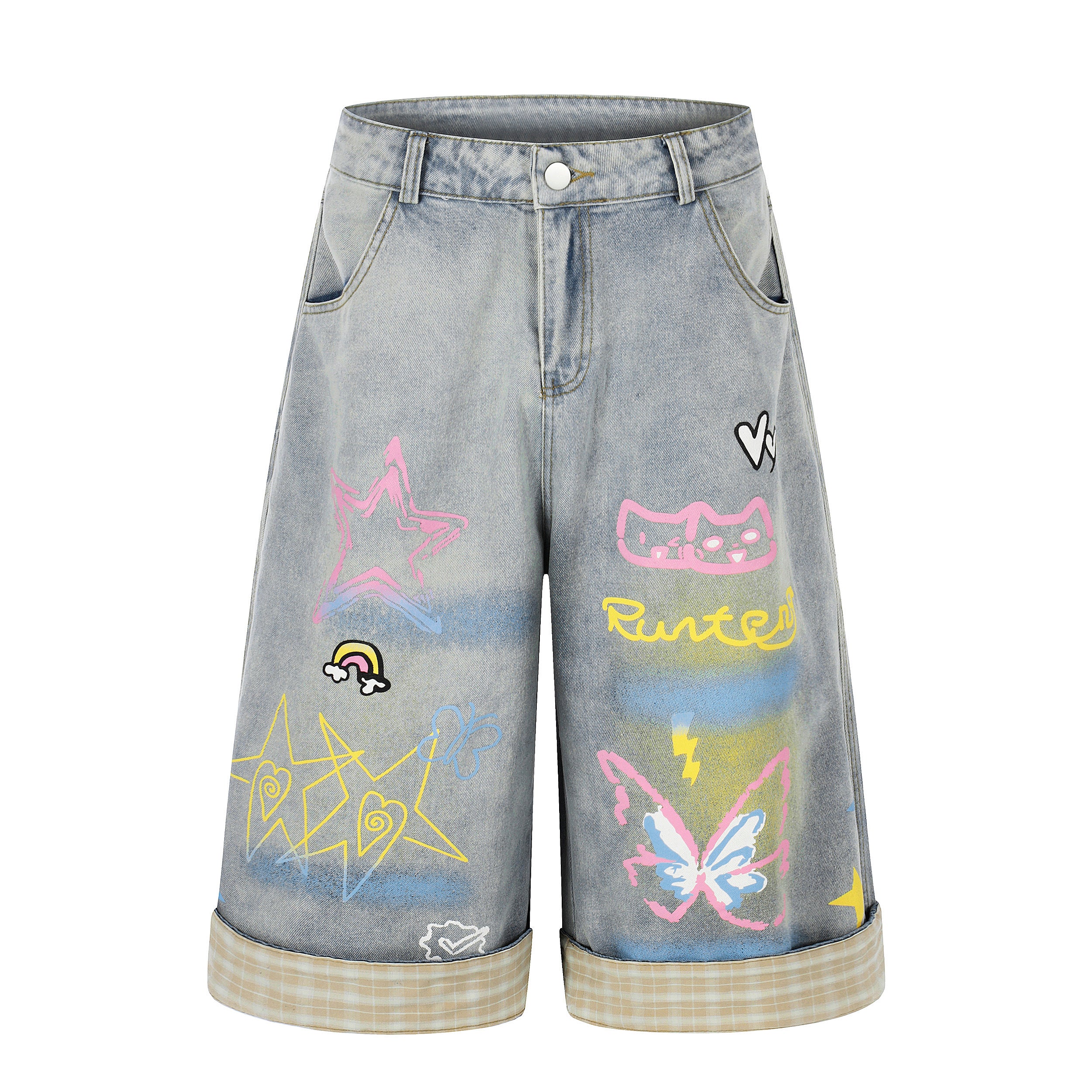 DONOTLOGO Urban Art Revival Collection | Unisex Relaxed Fit Denim Cropped Pants | Playful Multi-Color Graffiti & Plaid Cuff Detail with Vintage Wash Finish
