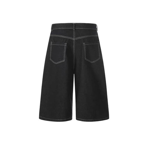 DONOTLOGO Heavy Star Embroidered Black Denim | Unisex Y2K Oversized 3/4 Trousers | Vintage High Street Baggy Shorts