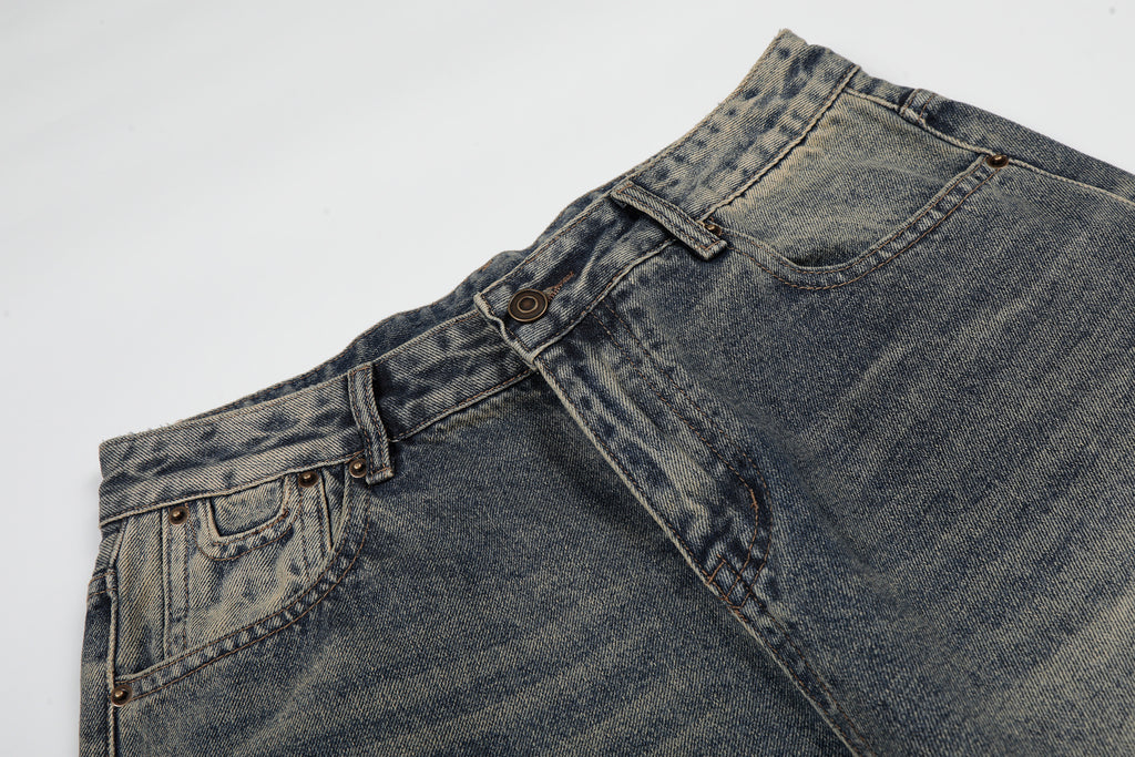DONOTLOGO Vintage Denim Revival Collection | Unisex Relaxed Fit Washed Cropped Pants | Bold Contrast Stitching & Belt Loop Detail with Vintage Wash Finish