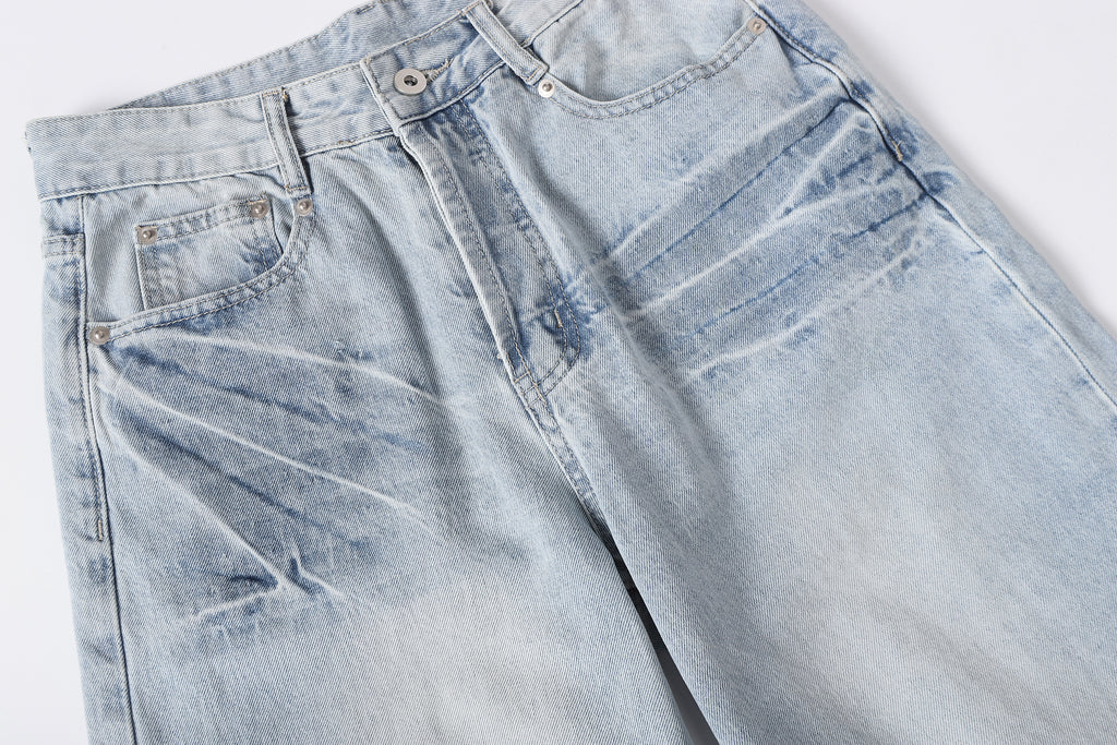DONOTLOGO Retro Blue Baggy Denim Pants | Unisex Y2K Wide Leg Trousers with Natural Whiskering & Fade | High Street Relaxed Fit Bottoms