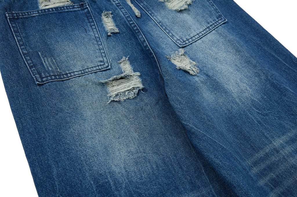 DONOTLOGO Heavy Distressed Wide-Leg Denim | Unisex Y2K Ripped Baggy Jeans | Vintage Blue High Street Oversized Trousers