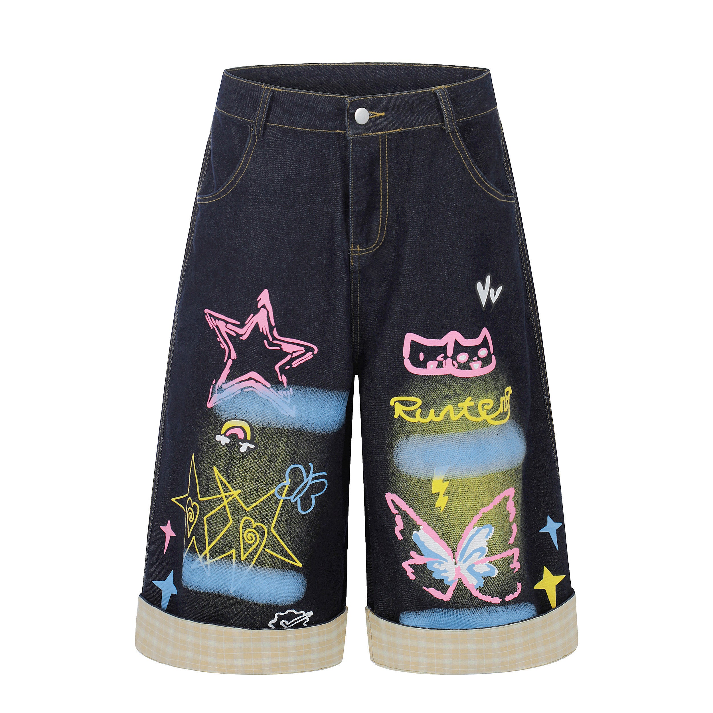 DONOTLOGO Urban Art Revival Collection | Unisex Relaxed Fit Denim Cropped Pants | Playful Multi-Color Graffiti & Plaid Cuff Detail with Vintage Wash Finish