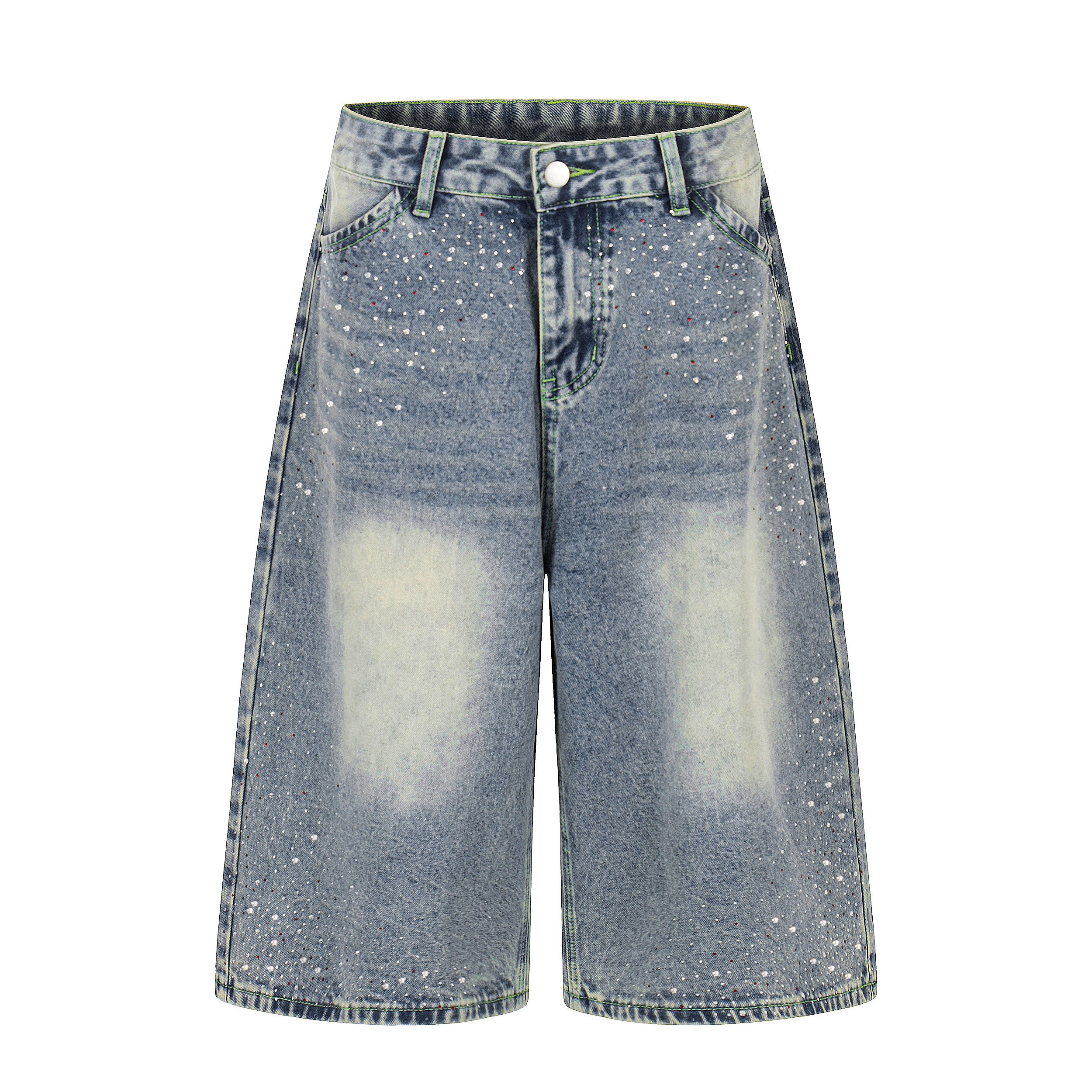 DONOTLOGO Glitter & Grit Collection | Unisex Relaxed Fit Denim Cropped Pants | Sparkling Rhinestone Detail with Vintage Wash Finish & High-Rise Waistband