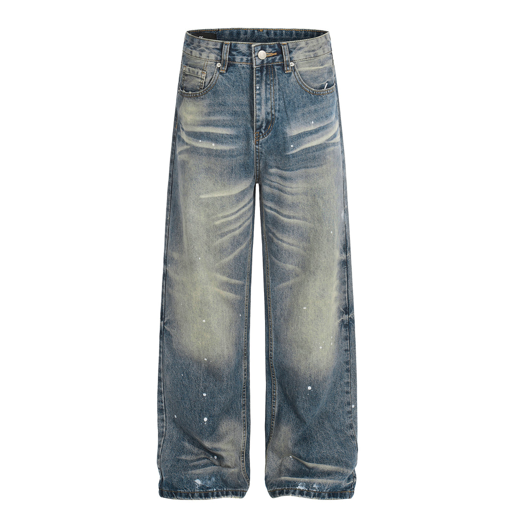DONOTLOGO Urban Heritage Collection | Unisex Oversized Washed Denim | Retro Aesthetic High-Rise Wide-Leg Bottoms with Authentic Cat Whisker & Splatter Detail