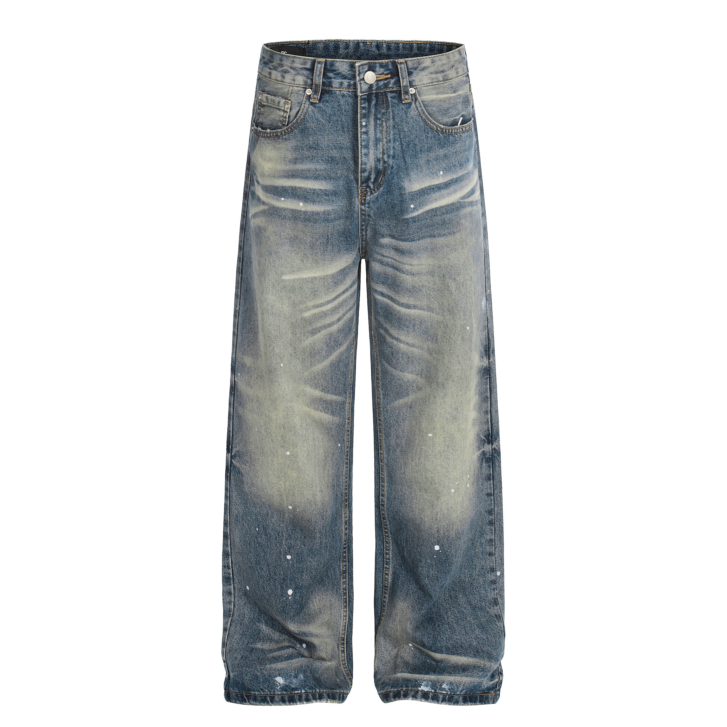 DONOTLOGO Urban Heritage Collection | Unisex Oversized Washed Denim | Retro Aesthetic High-Rise Wide-Leg Bottoms with Authentic Cat Whisker & Splatter Detail