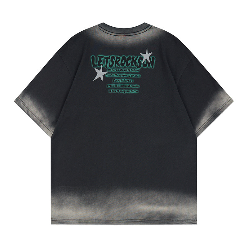 DONOTLOGO Oversized Distressed Graphic Tee - Unisex Short Sleeve T-Shirt with "LET'S ROCK SON" Print & Raw Hem - Edgy Streetwear Top with Loose Fit Silhouette