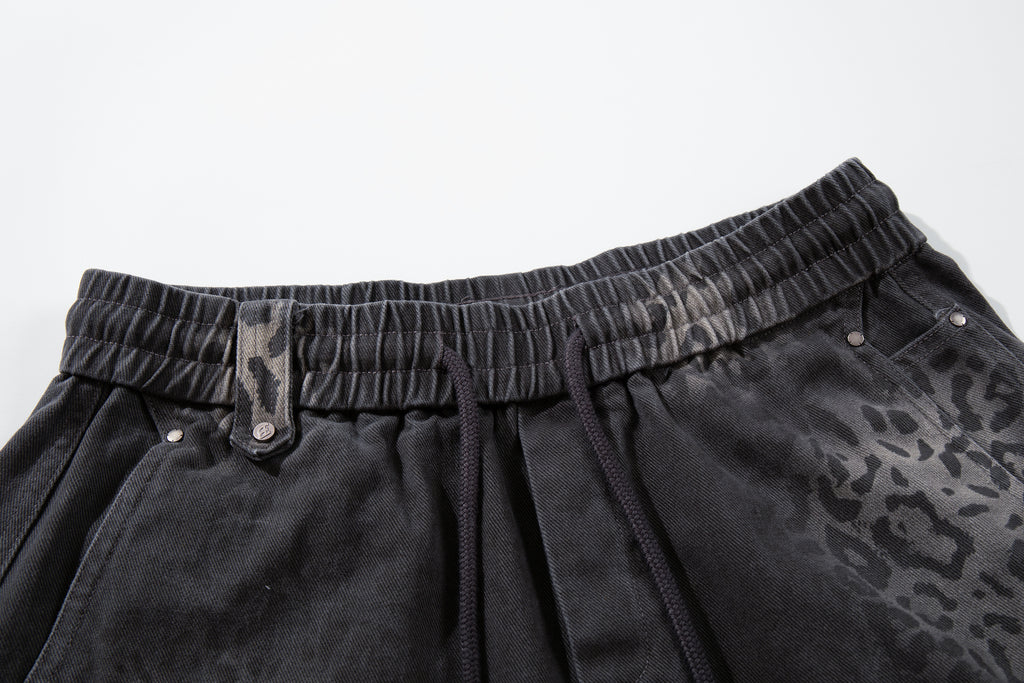 Unisex Trendy Streetwear Leopard-Print Gradient Distressed Curved-Leg Jeans