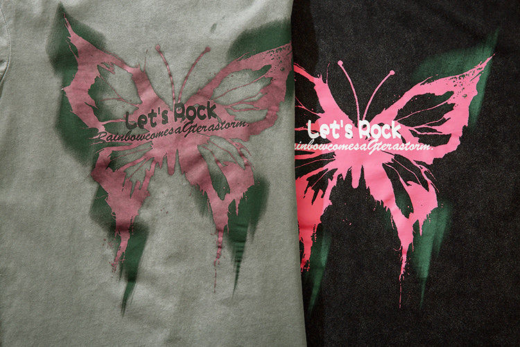 DONOTLOGO Heavy Acid Washed Butterfly Print Tee | Unisex Y2K Oversized Streetwear Top | Retro High Street Summer Shirt