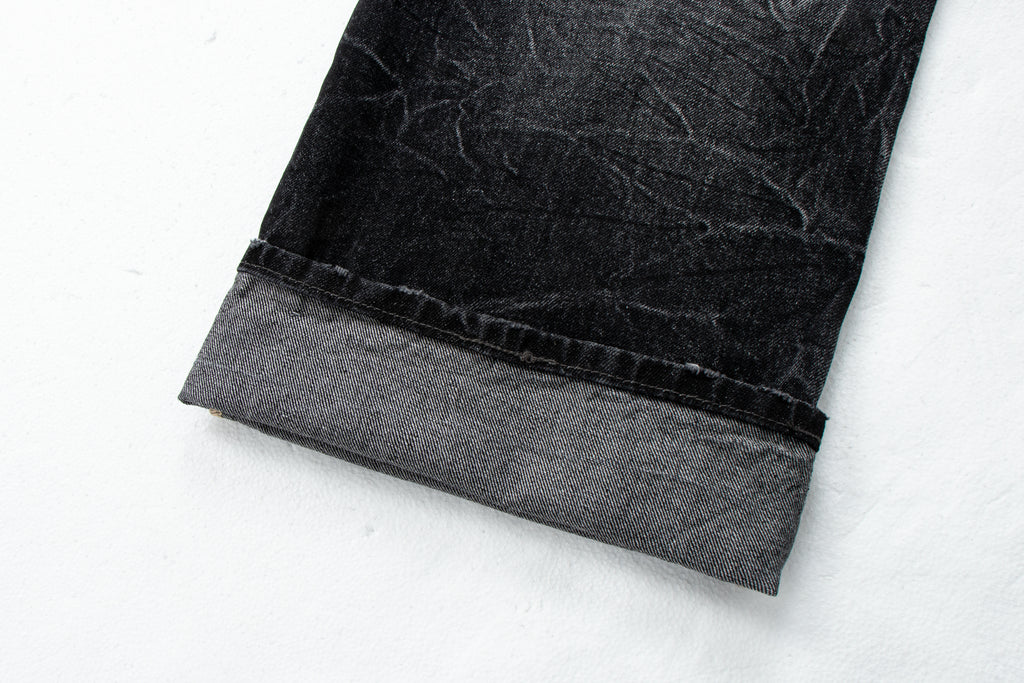 Lightning Pattern Vintage Washed Distressed Straight-Leg Denim Jeans