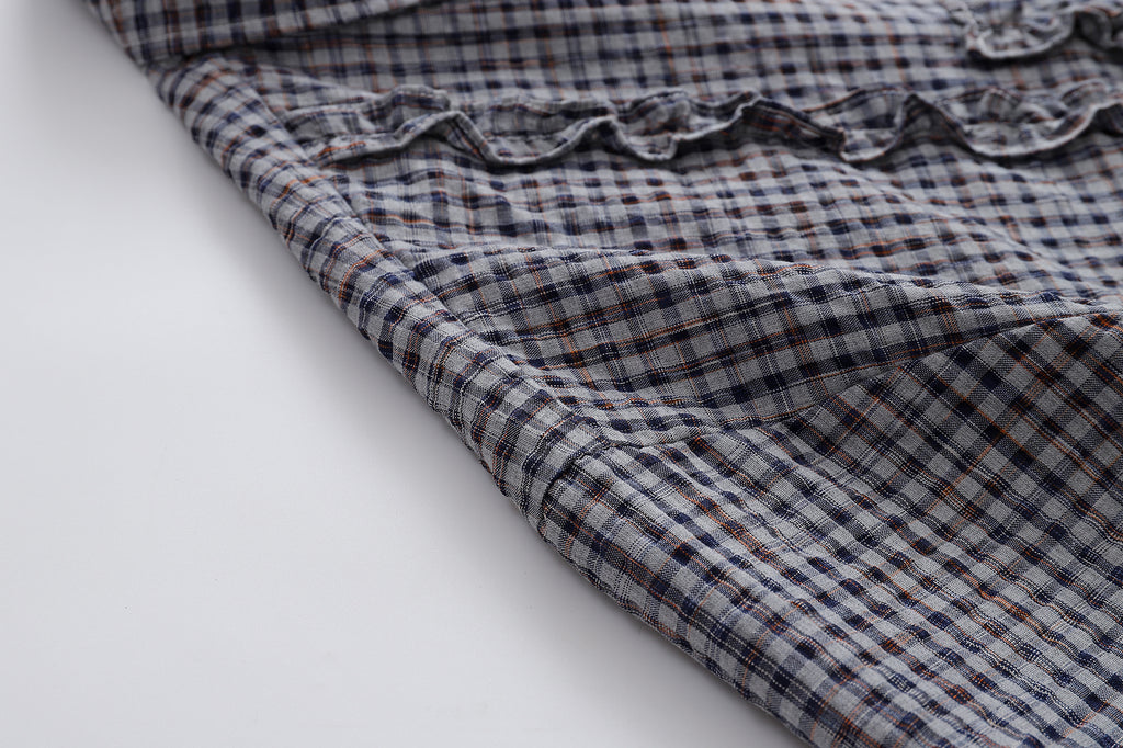 Unisex Loose Street Seersucker Plaid Ruffle Tee