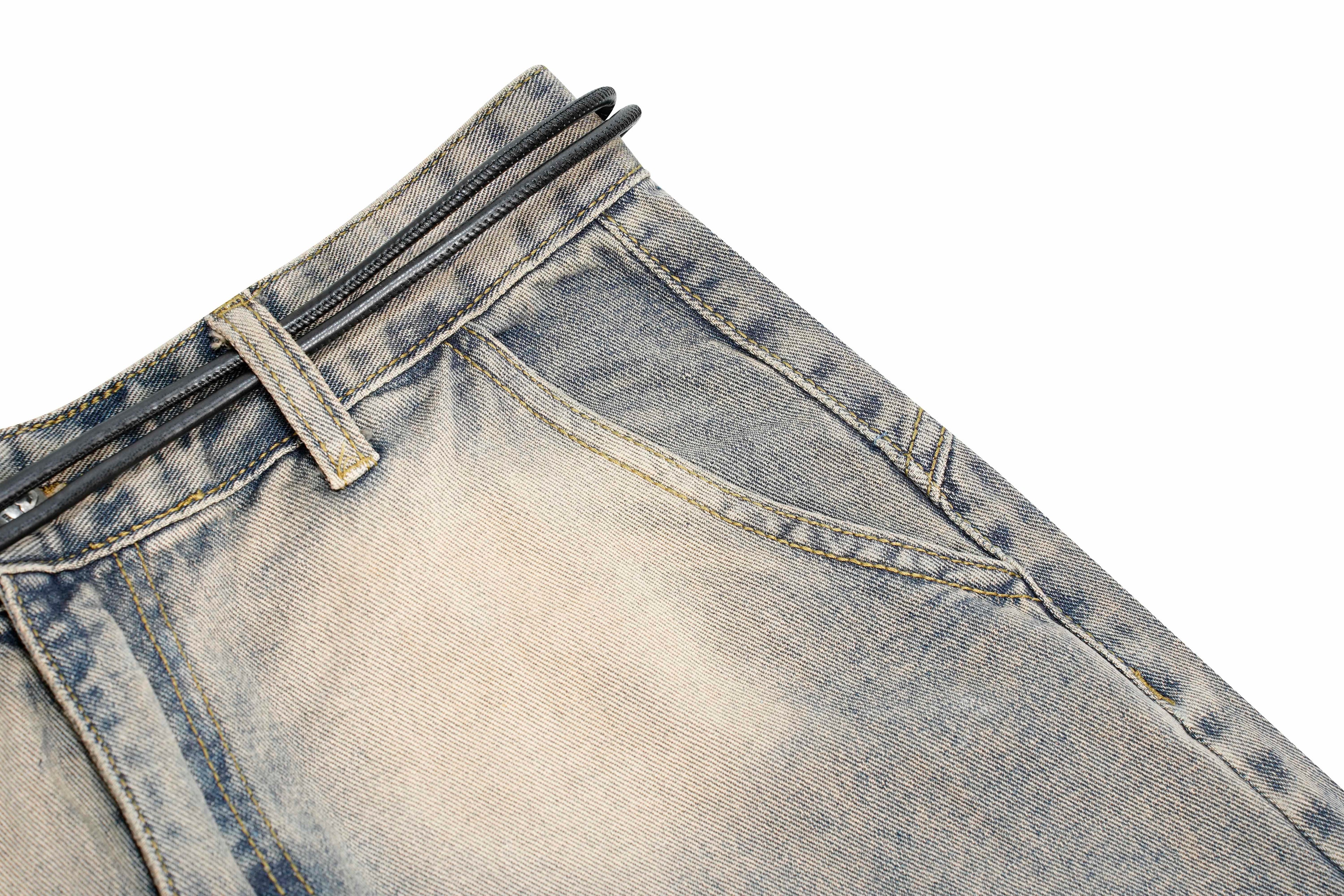 DONOTLOGO "Arc Seam" Distressed Denim - American High Street Baggy Jeans with Contrast Wash & Bandana Belt - Oversized Wide Leg Trousers
