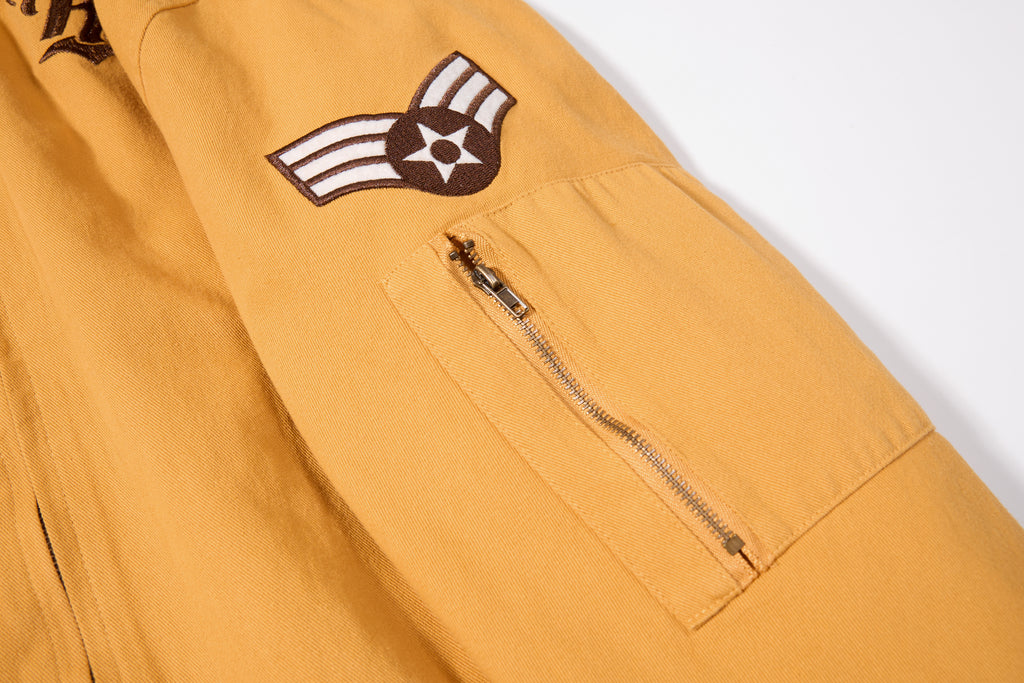 DONOTLOGO Retro Air Force Aesthetic | Unisex Heavyweight Cotton Bomber | Mustard Tone Workwear Jacket with Vintage Badge Details & Ribbed Trim