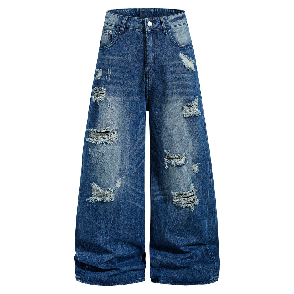 DONOTLOGO Heavy Distressed Wide-Leg Denim | Unisex Y2K Ripped Baggy Jeans | Vintage Blue High Street Oversized Trousers