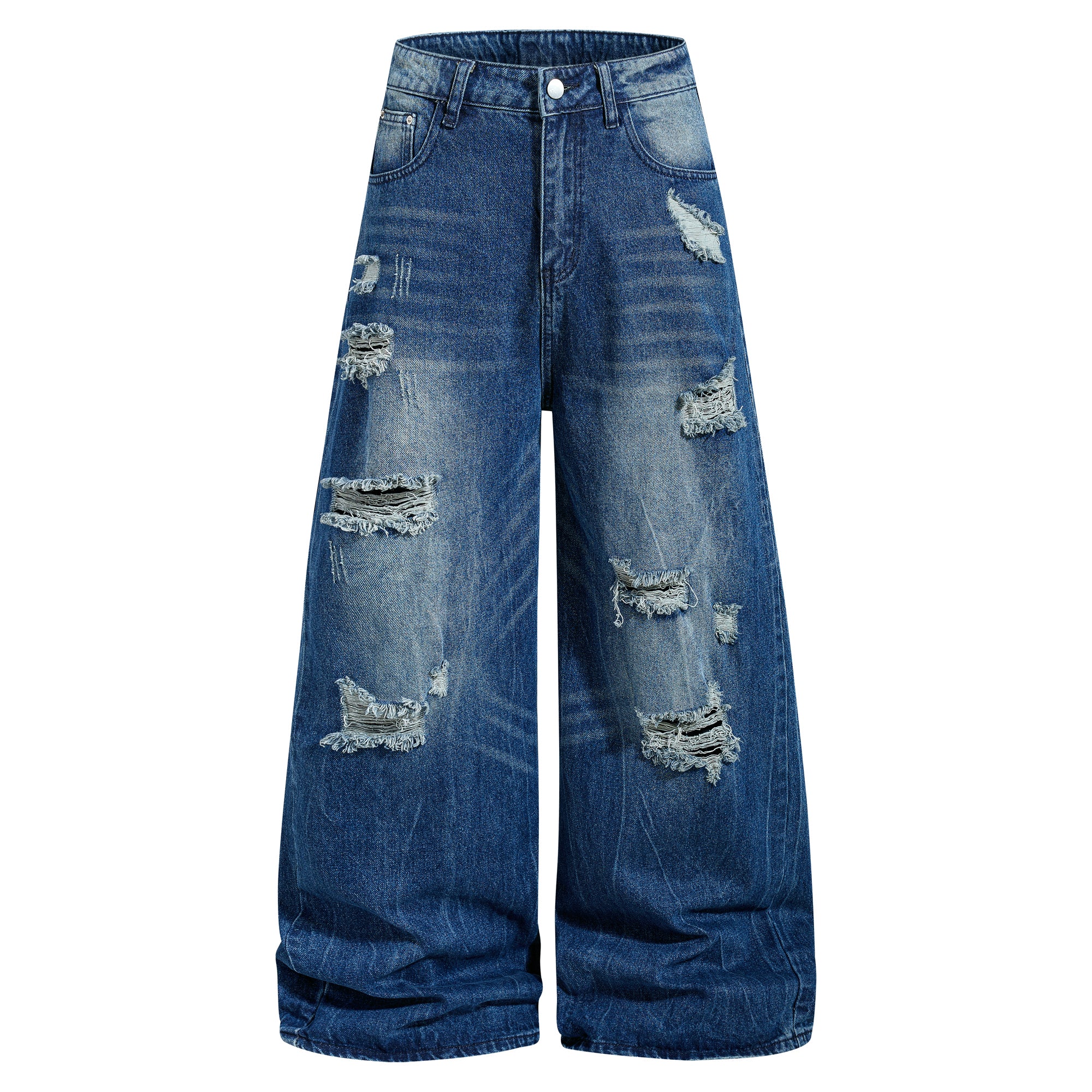 DONOTLOGO Heavy Distressed Wide-Leg Denim | Unisex Y2K Ripped Baggy Jeans | Vintage Blue High Street Oversized Trousers