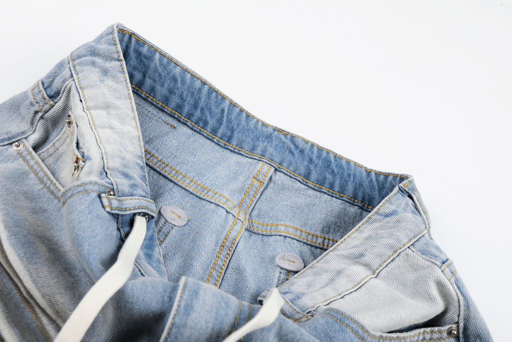 DONOTLOGO Urban Streetwear Collection | Unisex Relaxed Fit Denim Shorts | Bold Ripped Motif & Drawstring Detail with Classic Cotton Denim Fabric