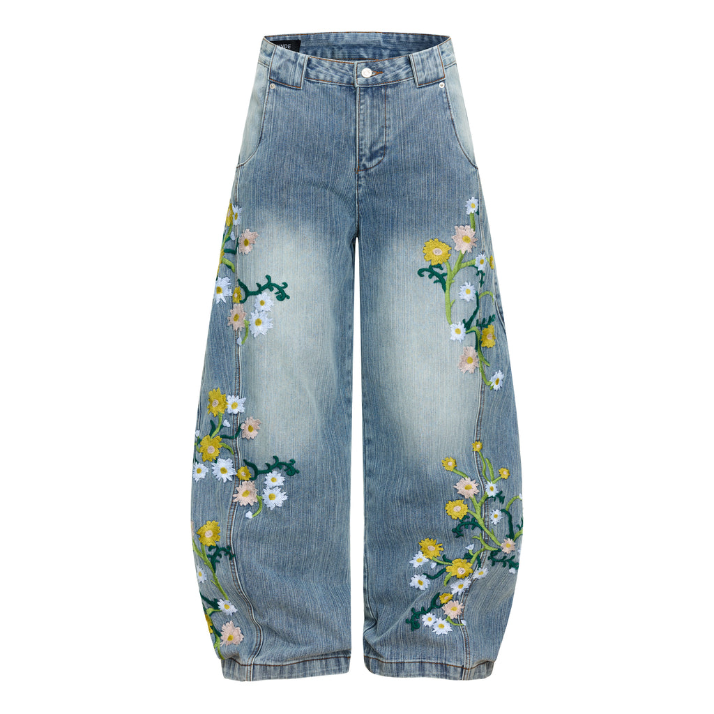 Unisex Floral Embroidered Denim Jeans