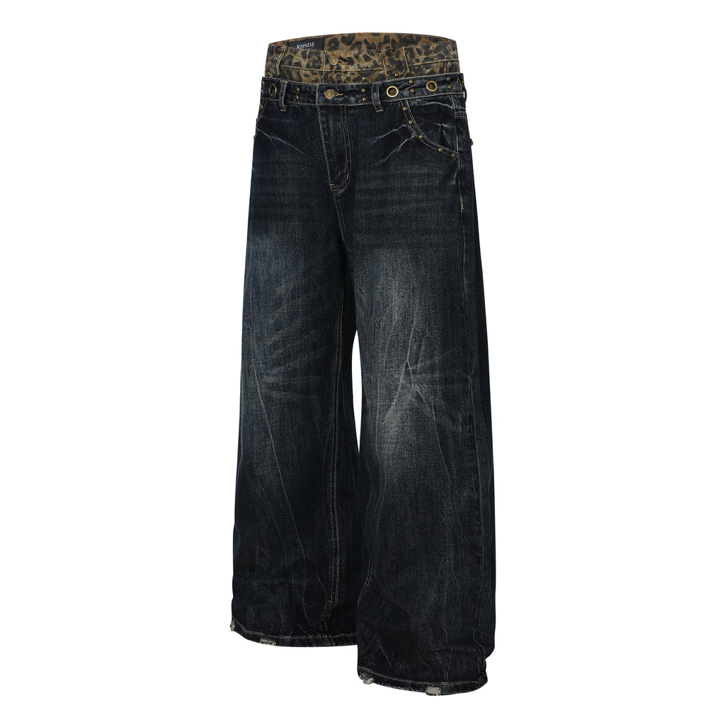 Unisex Whisker Leopard Print Waist Denim Jeans