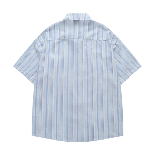 DONOTLOGO Artistic Breeze Collection | Unisex Oversized Striped Camp Collar Shirt | Vintage Aesthetic Short Sleeve Top with Delicate Flying Swallow Embroidery Detail