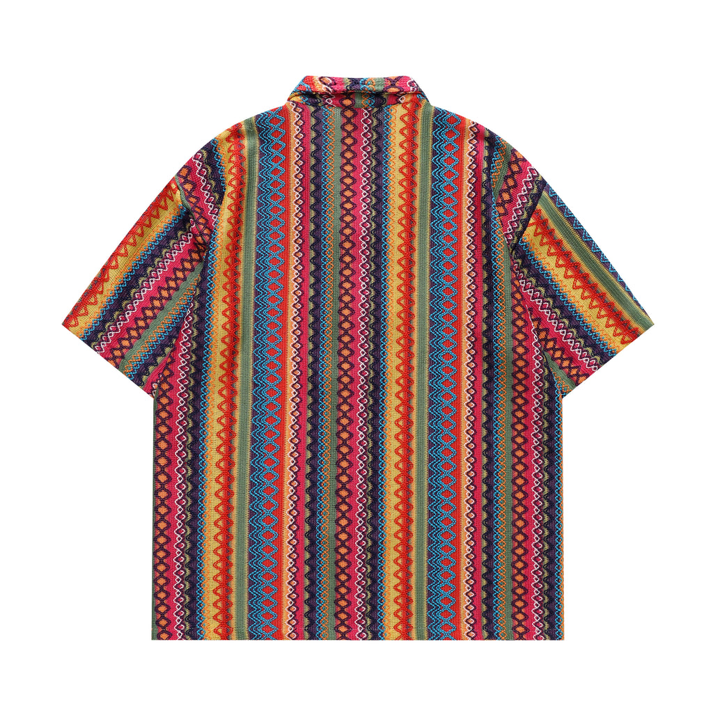 DONOTLOGO 70s Vibe Tribal Knit Shirt | Unisex Y2K Cuban Collar Top with Zigzag Print | High Street Relaxed Fit Summer Blouse
