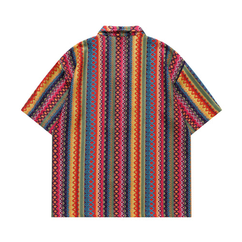 DONOTLOGO 70s Vibe Tribal Knit Shirt | Unisex Y2K Cuban Collar Top with Zigzag Print | High Street Relaxed Fit Summer Blouse