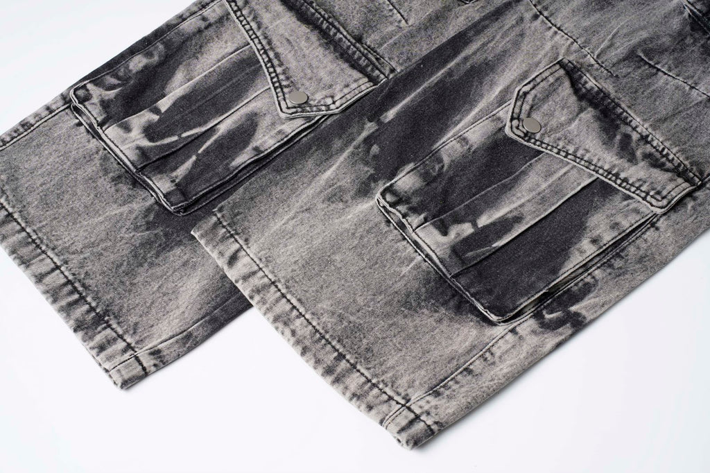 DONOTLOGO "Acid Wash" Heavyweight Cargo Denim - Distressed Tie-Dye Wide Leg Jeans with Multi-Flap Pockets - American High Street Style