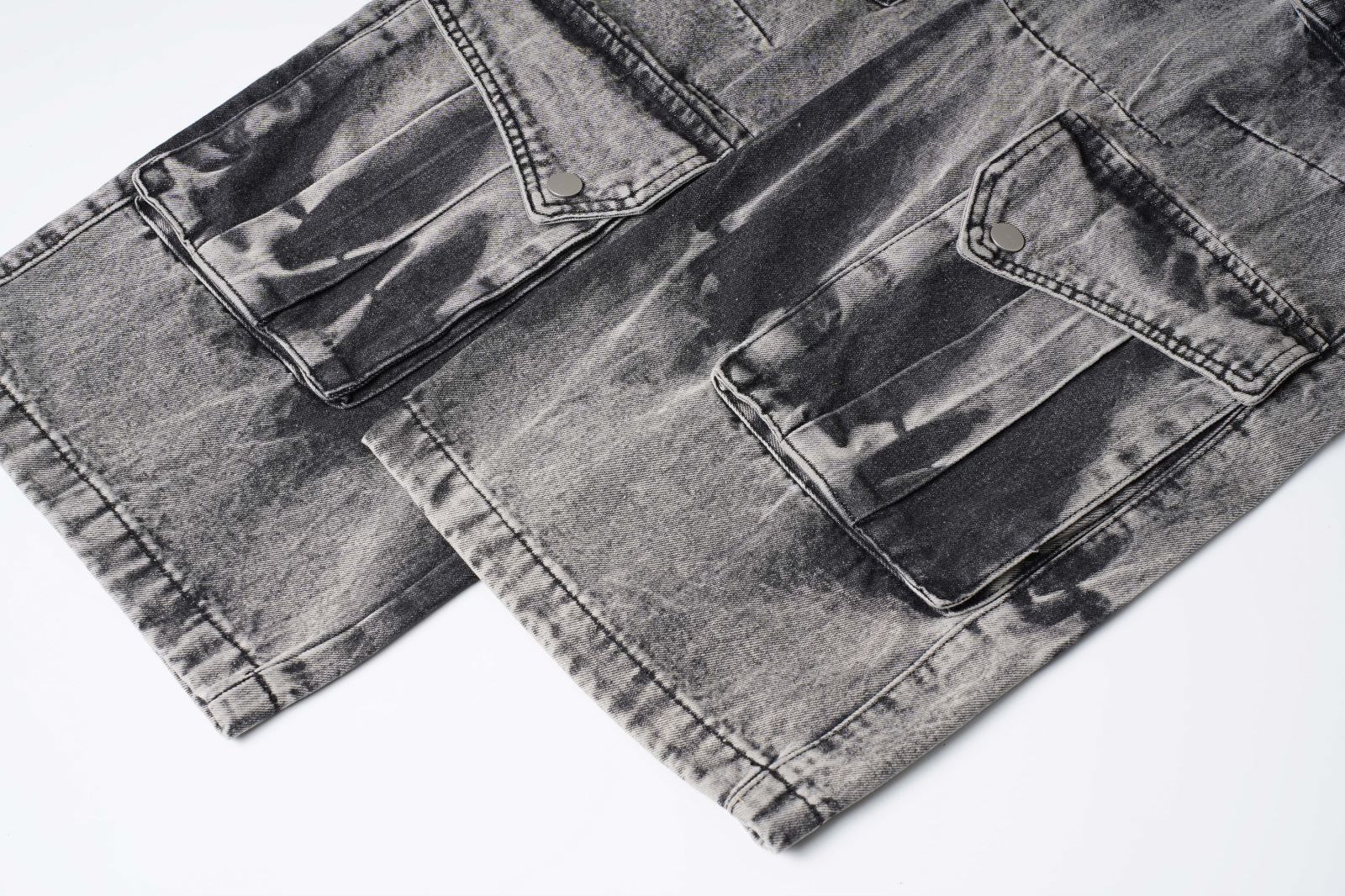 DONOTLOGO "Acid Wash" Heavyweight Cargo Denim - Distressed Tie-Dye Wide Leg Jeans with Multi-Flap Pockets - American High Street Style