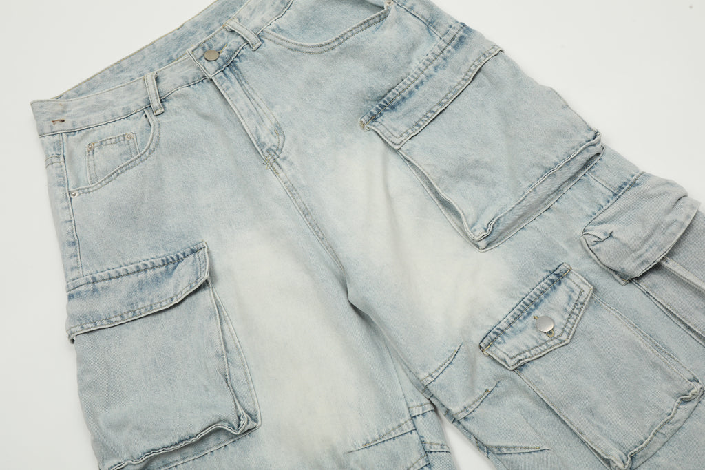 Unisex Vintage Washed Multi-Pocket Denim Cargo Pants