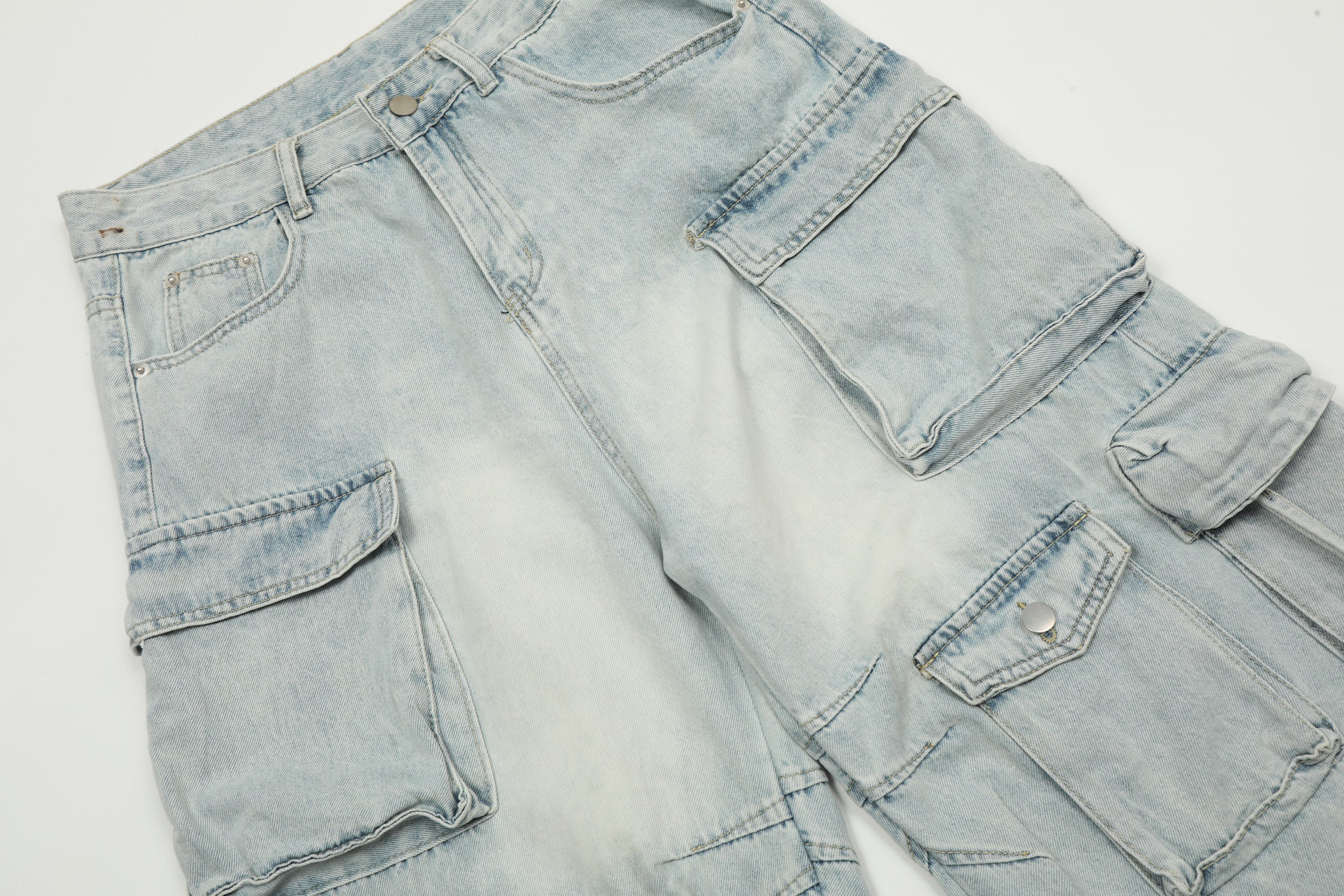 Unisex Vintage Washed Multi-Pocket Denim Cargo Pants