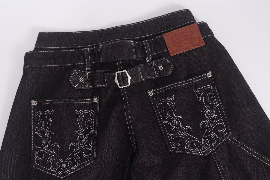 DONOTLOGO Gothic Streetwear Aesthetic | Unisex Oversized Baggy Jeans | Raw Denim with Double Belt Loops, Vine Embroidery & Structural Seams
