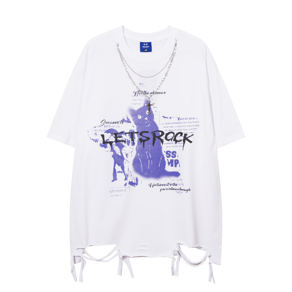 DONOTLOGO Bold Cat Print & Chain Accent Tee | Unisex Y2K Oversized Distressed Top | Retro High Street Summer Shirt