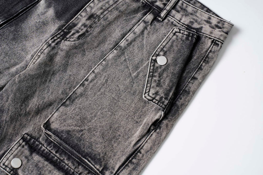 DONOTLOGO "Acid Wash" Heavyweight Cargo Denim - Distressed Tie-Dye Wide Leg Jeans with Multi-Flap Pockets - American High Street Style