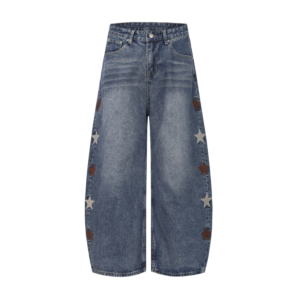 DONOTLOGO Urban Streetwear Collection | Unisex Curved Silhouette Denim Trousers | Bold Star Motif & Vintage Fade Detail with Premium Cotton Blend