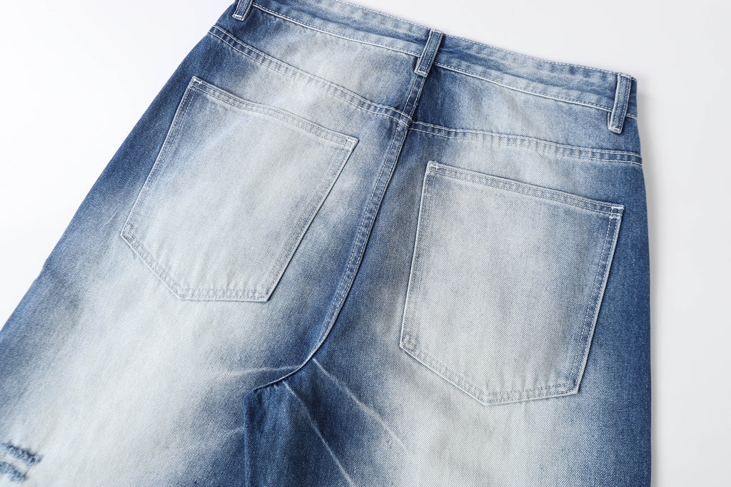 DONOTLOGO Retro Blue Baggy Denim Pants | Unisex Y2K Wide Leg Trousers with Natural Whiskering & Fade | High Street Relaxed Fit Bottoms