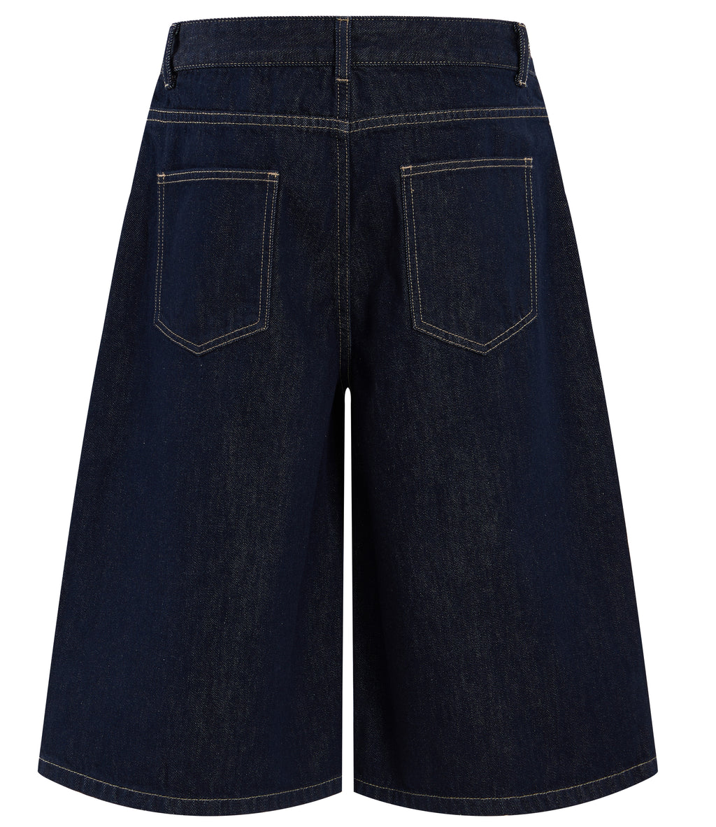 DONOTLOGO Retro Black Raw Denim Shorts | Unisex Y2K Wide Leg Trousers with Minimalist Design | High Street Relaxed Fit Bottoms