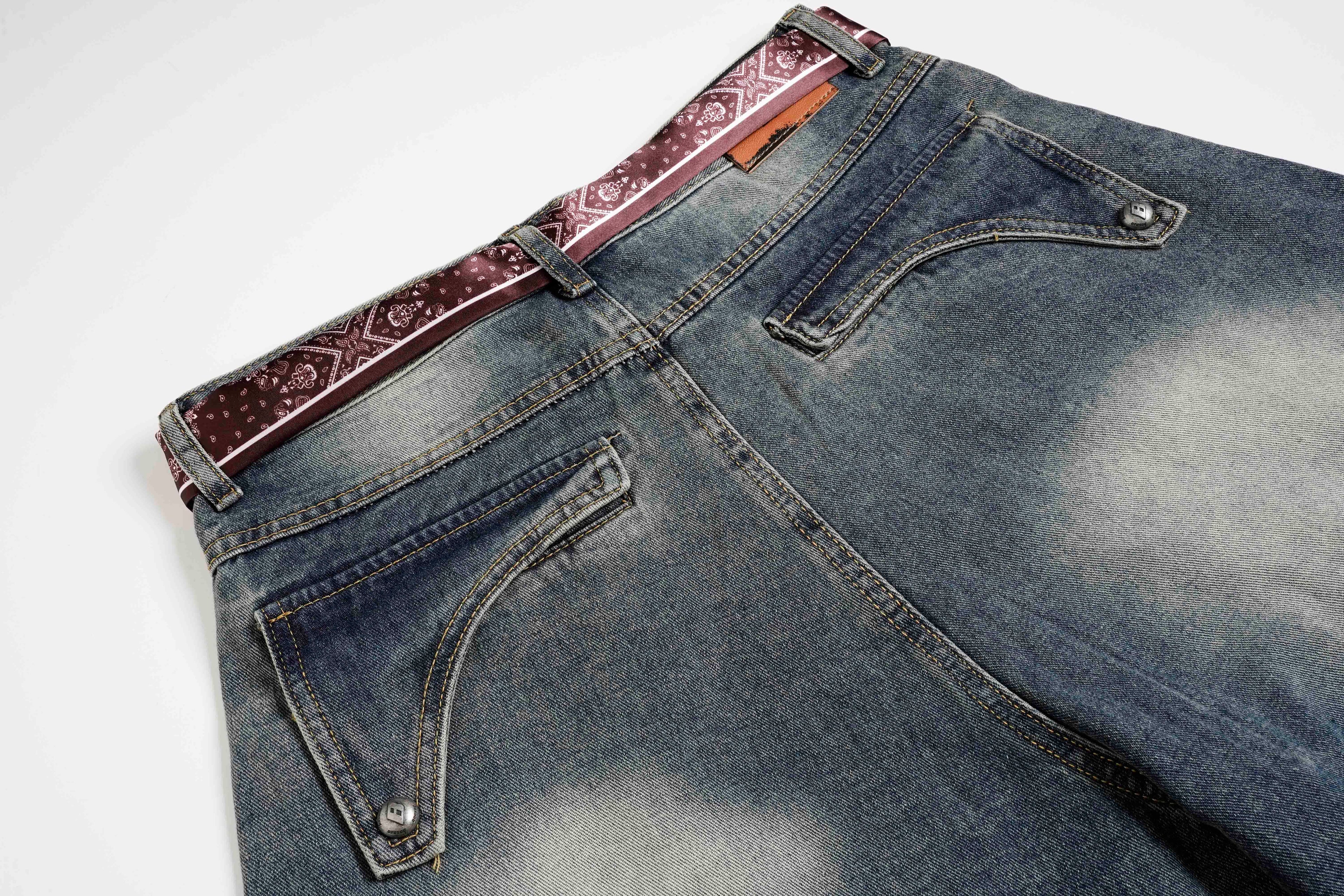 DONOTLOGO "Arc Seam" Distressed Denim - American High Street Baggy Jeans with Contrast Wash & Bandana Belt - Oversized Wide Leg Trousers