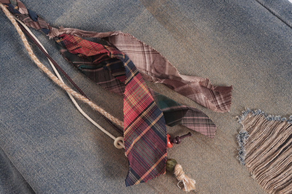 DONOTLOGO Grunge Streetwear Aesthetic | Unisex Oversized Balloon Jeans | Mud-Wash Denim with Detachable Plaid Sash & Gothic Embroidery
