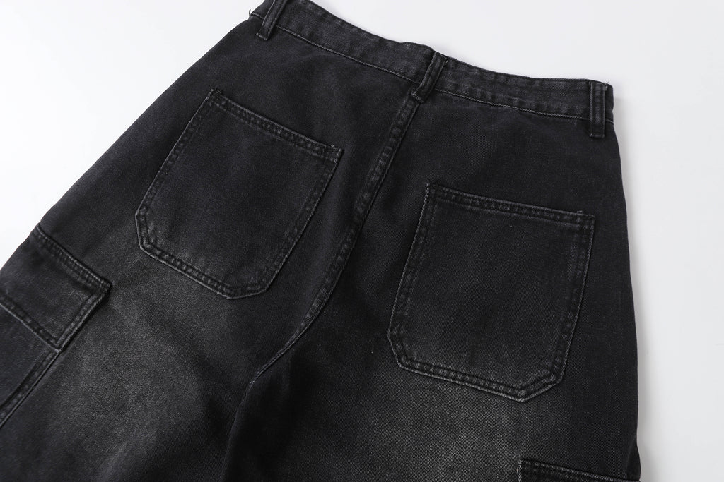 DONOTLOGO Retro Blue Cargo Jean Shorts | Unisex Y2K Wide Leg Denim Shorts with Functional Pockets | High Street Relaxed Fit Bottoms