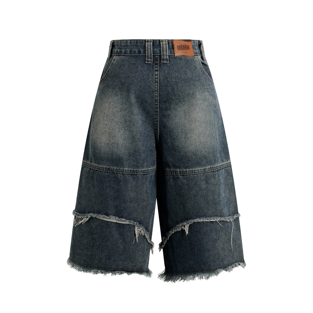 DONOTLOGO Deconstructed Wide Leg Denim Jorts - Raw Edge Patchwork Jean Shorts - Unisex Y2K Grunge Aesthetic Baggy Shorts